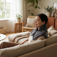 Woman relaxing on a couch wearing the heated neck wrap