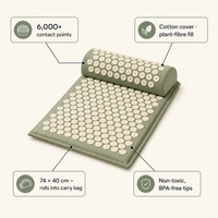 Acupressure mat features: 6,000+ contact points, cotton cover, 74x40cm rolls into carry bag, non-toxic tips
