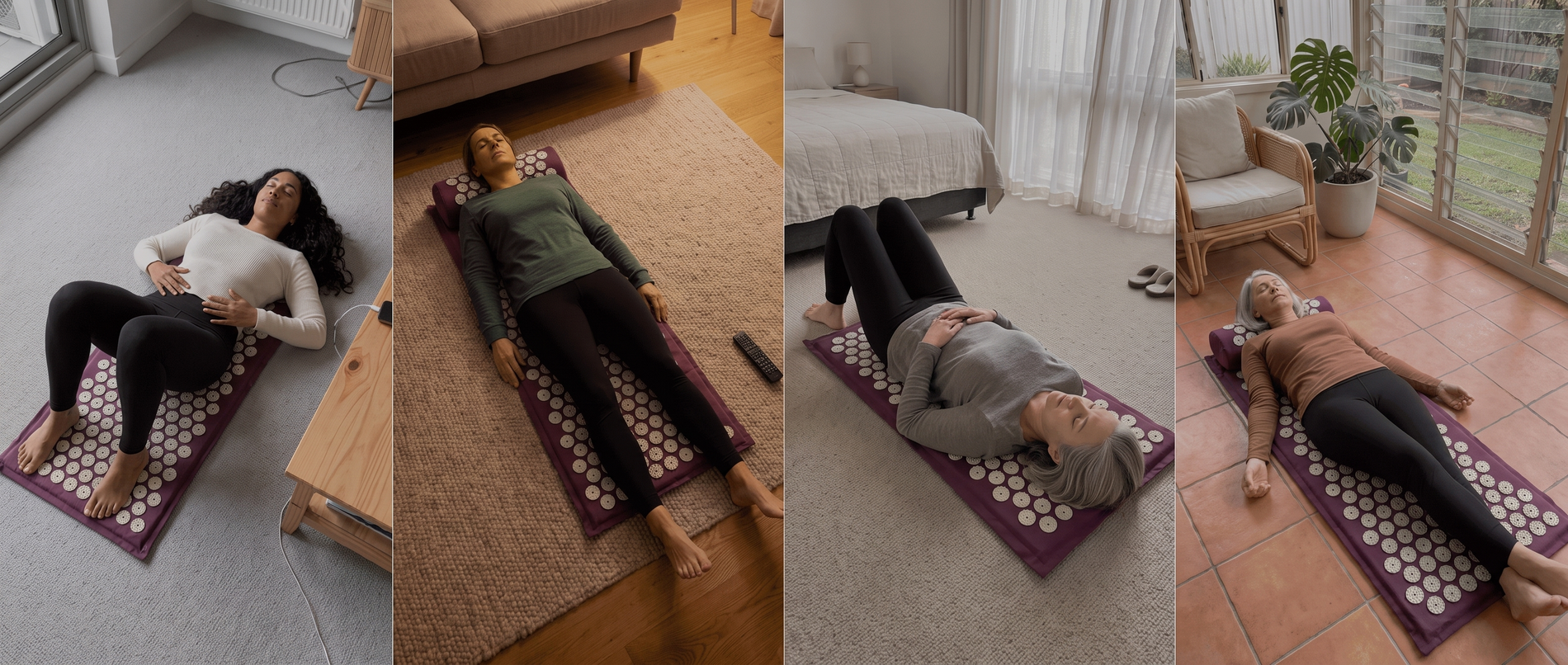 Four women resting on the plum acupressure mat in their own homes