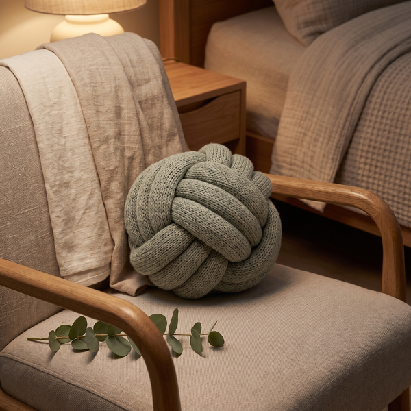 Sage knit weighted knot pillow on a linen armchair in warm lamplight