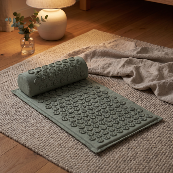 Sage acupressure mat and bolster pillow laid out on a wool rug in a warm lamplit living room