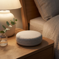 Round oat sleep sound machine on an oak nightstand beside a lamp and eucalyptus