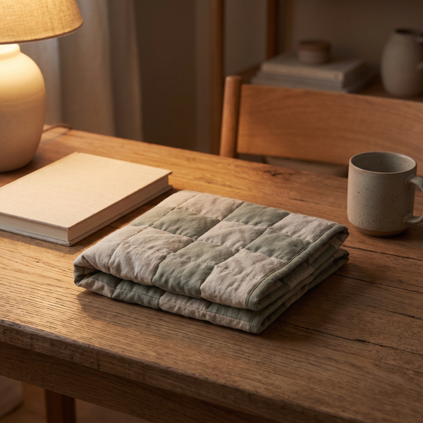 Weighted lap pad folded on an oak desk beside a notebook and mug