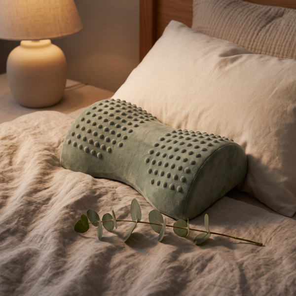 Curved sage acupressure neck pillow resting on linen bedding in warm lamplight