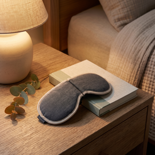 Charcoal heated eye massager folded on an oak nightstand beside a book