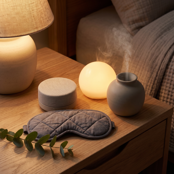 The Deep Sleep Kit: sleep mask, sound machine, sunrise light and diffuser on a nightstand at night
