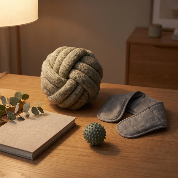 The Desk Reset Kit: knot pillow, heated wrap and reset ball on an oak desk in warm lamplight