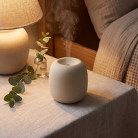 Oat ceramic aromatherapy diffuser releasing a soft mist on an oak nightstand