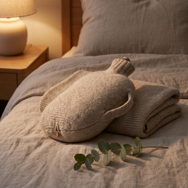 Heated weighted comfort bottle in an oat knit cover resting on linen bedding