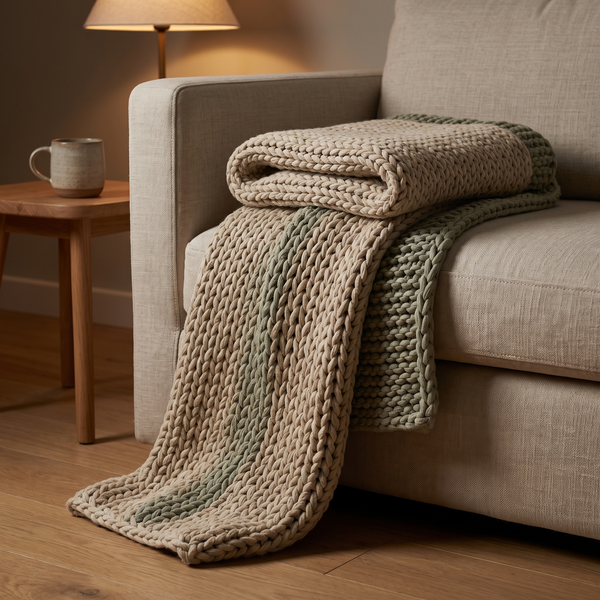 Chunky oat and sage knit weighted blanket folded over the arm of a linen sofa