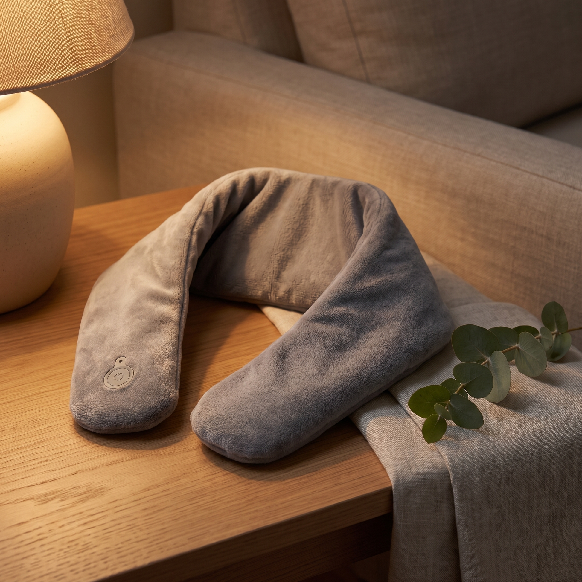 Cordless heated neck and shoulder wrap resting on an oak side table in warm lamplight