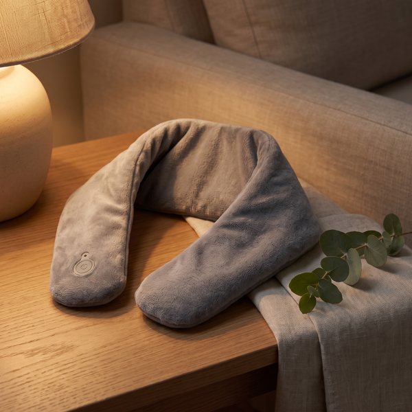 Cordless heated neck and shoulder wrap resting on an oak side table in warm lamplight