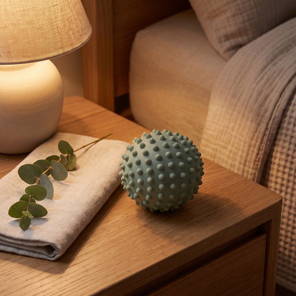 Sage acupressure reset ball on an oak side table beside folded linen