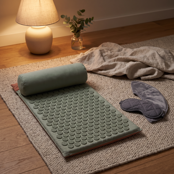 The Wind-Down Set: acupressure mat, weighted sleep mask and heated neck wrap on a wool rug at dusk