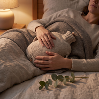 Woman holding the heated comfort bottle against her stomach in bed