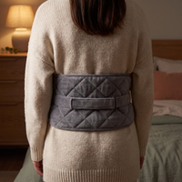 Woman wearing the cordless heated wrap fastened around her lower back