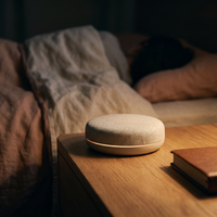 Sleep sound machine on a nightstand beside a bed in a dark bedroom