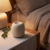 Aromatherapy diffuser sending up a backlit plume of mist on a bedside table