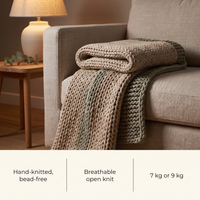 Knit weighted blanket features: hand-knitted bead-free, breathable open knit, 7 kg or 9 kg