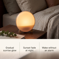 Sunrise wake-up light features: gradual sunrise glow, sunset fade at night, wake without an alarm