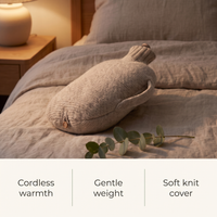 Heated comfort bottle features: cordless warmth, gentle weight, soft knit cover