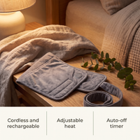 Heated back and body wrap features: cordless and rechargeable, adjustable heat, auto-off timer