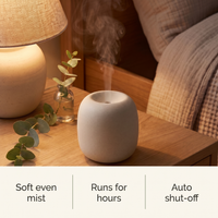 Aromatherapy diffuser features: soft even mist, runs for hours, auto shut-off