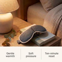 Heated eye massager features: gentle warmth, soft pressure, ten-minute reset
