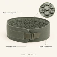 Labelled diagram of the acupressure belt showing the blunt pressure points, adjustable strap and magnified spike detail