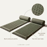 Labelled diagram of The Pair showing two full-size mats, two bolster pillows and the blunt pressure points