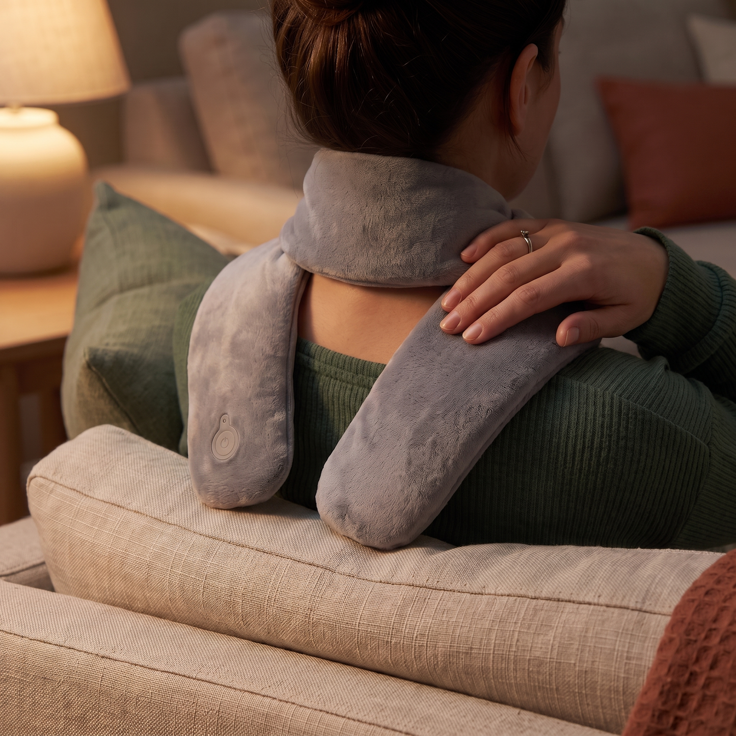 Woman wearing the cordless heated neck and shoulder wrap on a linen sofa