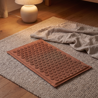 Terracotta acupressure mat laid out flat on a wool rug in a warm lamplit living room