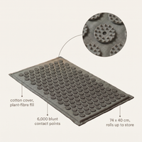Labelled diagram of the acupressure mat showing the cotton cover with plant-fibre fill, 6,000 blunt contact points, 74 x 40 cm size, and a magnified inset of the spiked discs