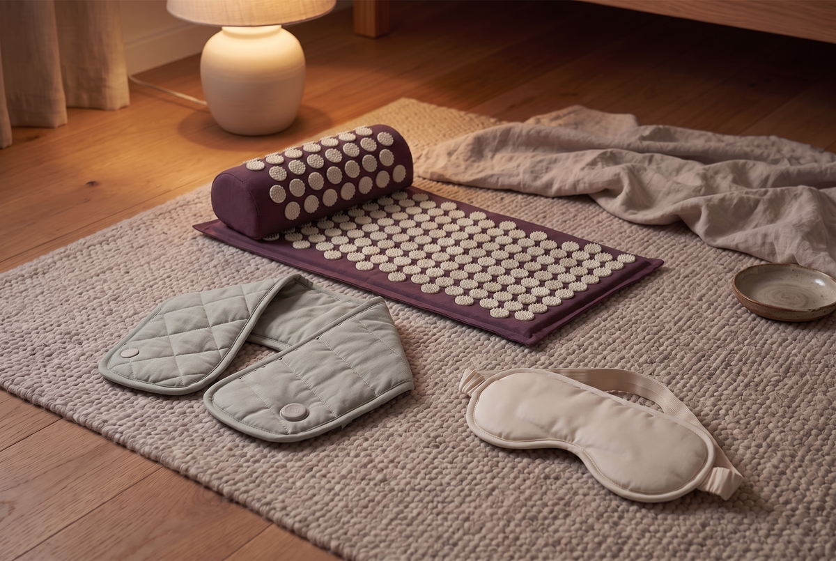 Plum acupressure mat, heated neck wrap and sleep mask laid out on a wool rug in warm lamplight